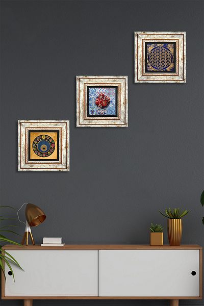 Pinecone Flower of Life, Evil Eye Bead, Pomegranate Stone Wall Painting Framed Wall Decor Set of 3 Painting Tk3-353