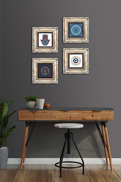 Pinecone Evil Eye, Fatma Mother Hand (Hamsa) Stone Wall Painting Framed Wall Decor 4 Piece Painting Set Tk4-1453
