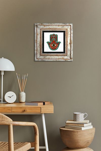 Pinecone Fatma Mother Hand (Hamsa) Stone Wall Painting Framed Wall Decor Wall Art Tk1-144