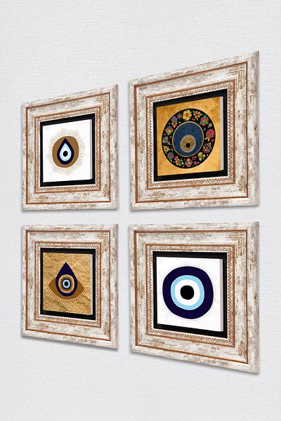 Pinecone Pictură pe perete cu piatră cu ochi rău Decor de perete înrămat Set de pictură 4 piese Artă de perete TK4-1854