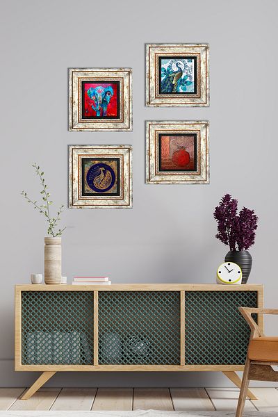 Pinecone Elephant, Peacock, Pomegranate Stone Wall Painting Framed Wall Decor 4 Piece Painting Set Wall Art Tk4-305