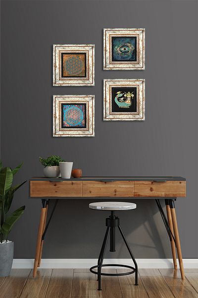 Pinecone Evil Eye, Flower of Life, Shahmeran Stone Wall Painting Framed Wall Decor 4 Piece Painting Set Tk4-483