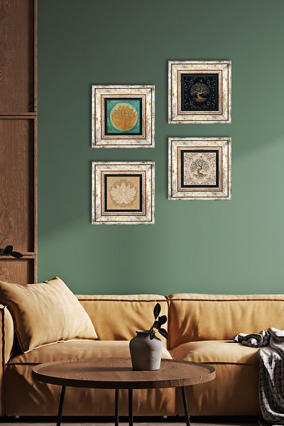 Pinecone Lotus Flower, Tree of Life Stone Wall Painting Framed Wall Decor 4 Piece Painting Set Tk4-668