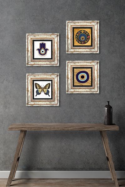 Pinecone Fatma Mother Hand (Hamsa), Butterfly, Evil Eye Stone Wall Painting Framed Wall Decor 4 Piece Set Tk4-1840