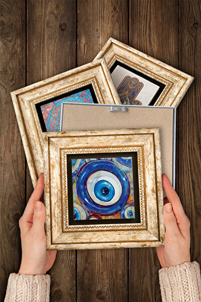 Pinecone Evil Eye, Shahmeran, Tree of Life Stone Wall Painting Framed Wall Decor 4 Piece Painting Set Tk4-1510