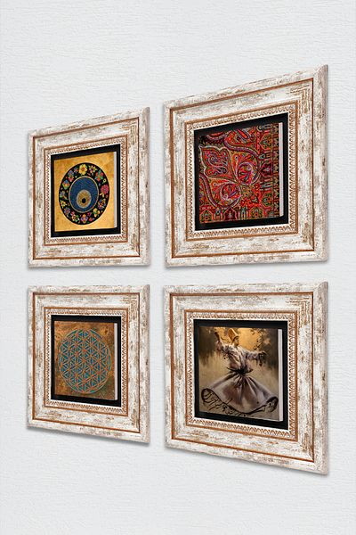 Pinecone Flower of Life, Whirling Dervish, Evil Eye, Pattern Stone Wall Painting Framed Wall Decor Set of 4 Paintings Wall Art