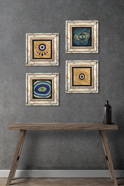 Pinecone Evil Eye Stone Wall Painting Framed Wall Decor 4 Piece Painting Set Wall Art Tk4-1486