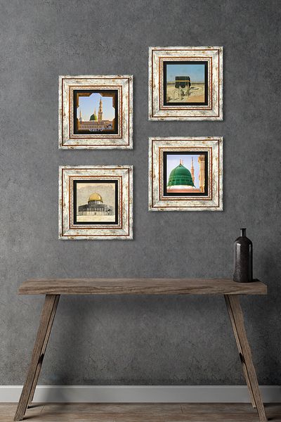 Pinecone Kaaba-I Muazzama, Masjid-I Aqsa, Ravza-I Mutahhara Stone Wall Painting Framed Wall Decoration 4-Piece Painting