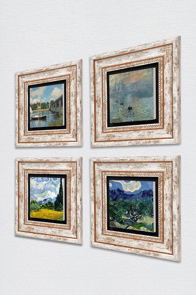 Pinecone Van Gogh, Claude Monet Stone Wall Painting Framed Wall Decor 4 Piece Painting Set Wall Art Tk4-1185