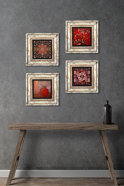 Pinecone Pomegranate, Pattern, Almond Tree Stone Wall Painting Framed Wall Decor 4 Piece Painting Set