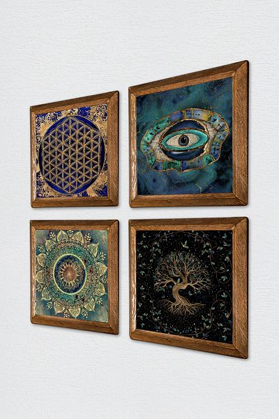 Pinecone Mandala, Evil Eye, Flower of Life, Tree of Life Stone Wall Painting Wooden Framed Wall Decoration 4 Piece Painting