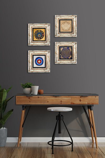 Pinecone Lotus Flower, Flower of Life, Evil Eye Stone Wall Painting Framed Wall Decor Set of 4 Painting Tk4-814