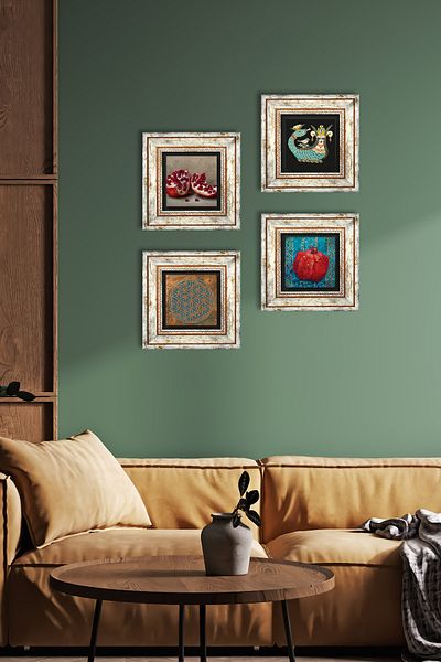 Pinecone Flower of Life, Shahmeran, Pomegranate Stone Wall Painting Framed Wall Decor 4 Piece Painting Set Tk4-764