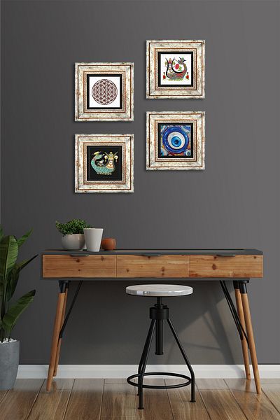 Pinecone Evil Eye, Flower of Life, Shahmeran Stone Wall Painting Framed Wall Decor 4 Piece Painting Set Tk4-1525