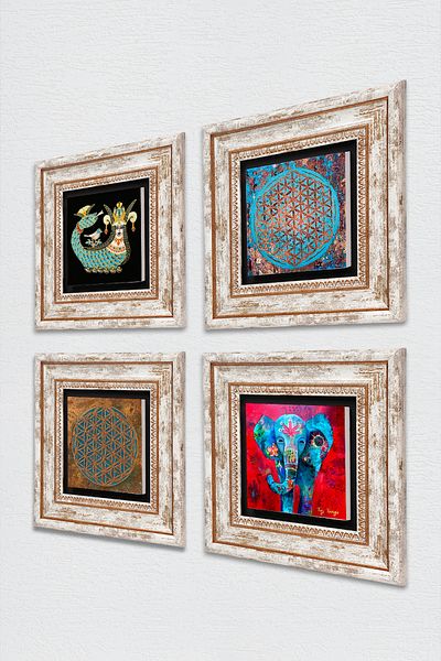 Pinecone Elephant, Flower of Life, Shahmeran Stone Wall Painting Framed Wall Decor 4 Piece Painting Set Tk4-485