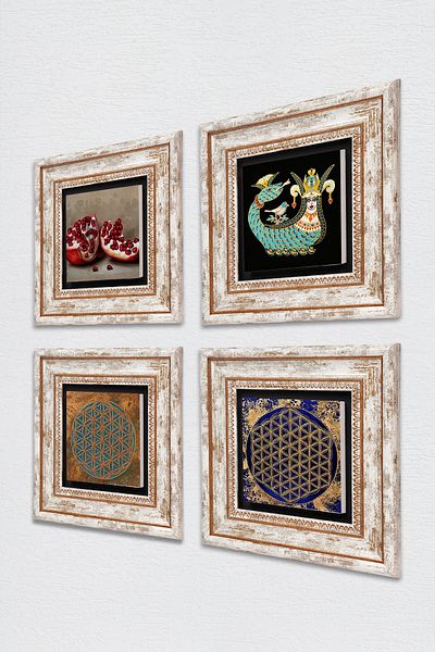 Pinecone Flower of Life, Shahmeran, Pomegranate Stone Wall Painting Framed Wall Decor 4 Piece Painting Set Tk4-769
