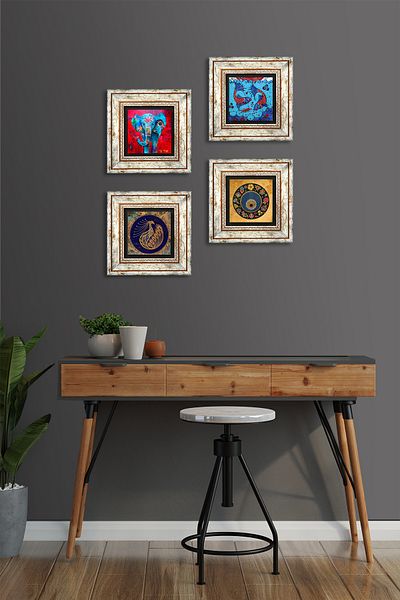 Pinecone Elephant, Peacock, Tile Art Fish, Evil Eye Stone Wall Painting Framed Wall Decor Set of 4 Wall Art