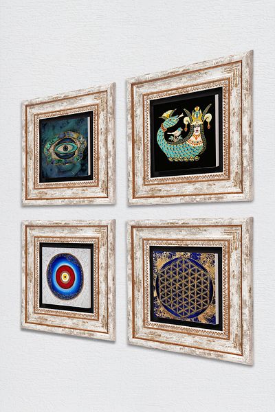 Pinecone Evil Eye, Flower of Life, Shahmeran Stone Wall Painting Framed Wall Decor 4 Piece Painting Set Tk4-784