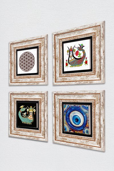 Pinecone Evil Eye, Flower of Life, Shahmeran Stone Wall Painting Framed Wall Decor 4 Piece Painting Set Tk4-1525