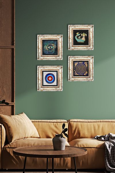 Pinecone Evil Eye, Flower of Life, Shahmeran Stone Wall Painting Framed Wall Decor 4 Piece Painting Set Tk4-784