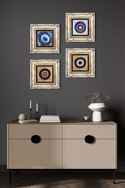 Pinecone Pictură pe perete cu piatră cu ochi rău Decor de perete înrămat Set de pictură 4 piese Artă de perete TK4-1235