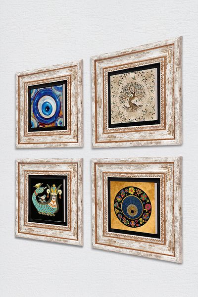 Pinecone Evil Eye, Shahmeran, Tree of Life Stone Wall Painting Framed Wall Decor 4 Piece Table Set TK4-1205