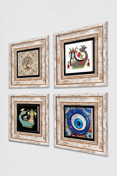 Pinecone Evil Eye, Shahmeran, Tree of Life Stone Wall Painting Framed Wall Decor 4 Piece Painting Set Tk4-1510