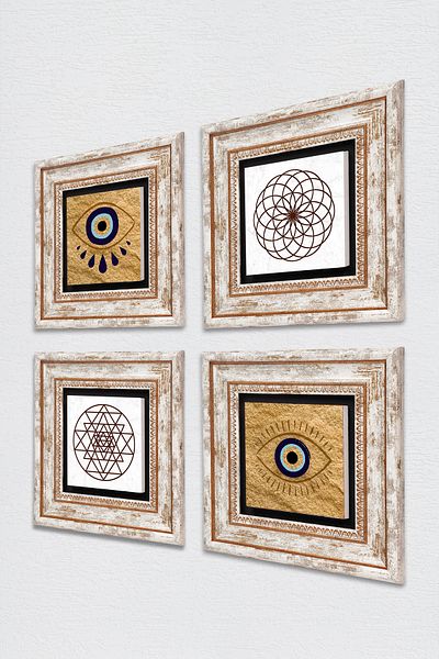 Pinecone Evil Eye, Flower of Life, Sri Yantra Stone Wall Painting Framed Wall Decor 4 Piece Table Set TK4-1485