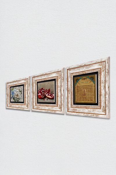 Pinecone Esma'Ül Hüsna, Butterfly Flower, Pomegranate Stone Wall Painting Framed Wall Decor Set of 3 Paintings Tk3-1148