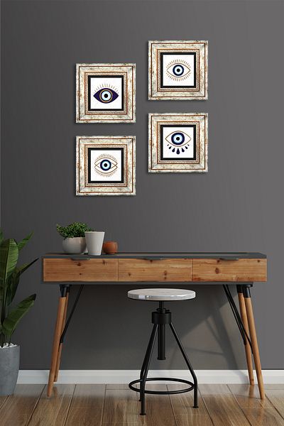 Pinecone Evil Eye Stone Wall Painting Framed Wall Decor 4 Piece Painting Set Wall Art Tk4-1062
