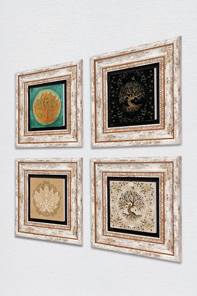 Pinecone Lotus Flower, Tree of Life Stone Wall Painting Framed Wall Decor 4 Piece Painting Set Tk4-668