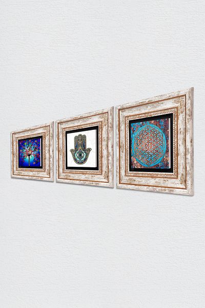 Pinecone Flower of Life, Tree of Life, Hand of Mother Fatma (Hamsa) Stone Wall Painting Framed Wall Decor Tk3-323