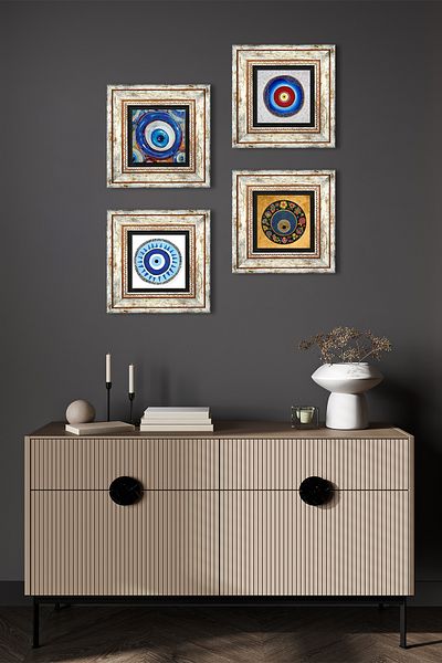 Pinecone Pictură pe perete cu piatră cu ochi rău Decor de perete înrămat Set de pictură din 4 piese Artă de perete TK4-1233