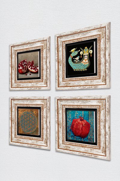 Pinecone Flower of Life, Shahmeran, Pomegranate Stone Wall Painting Framed Wall Decor 4 Piece Painting Set Tk4-764