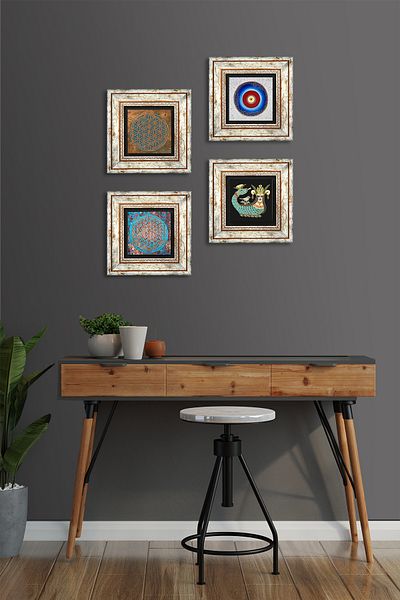 Pinecone Evil Eye, Flower of Life, Shahmeran Stone Wall Painting Framed Wall Decor 4 Piece Table Set TK4-493