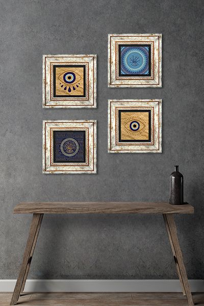 Pinecone Evil Eye Stone Wall Painting Framed Wall Decor 4 Piece Painting Set Wall Art Tk4-1487