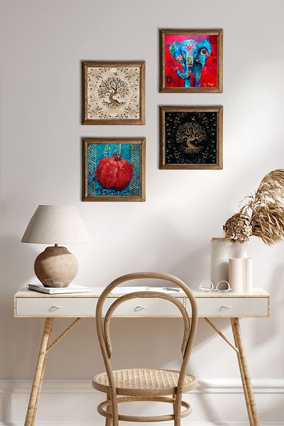 Pinecone Elephant, Tree of Life, Pomegranate Stone Wall Painting Wood Framed Wall Decor 4 Piece Painting Set W4-851