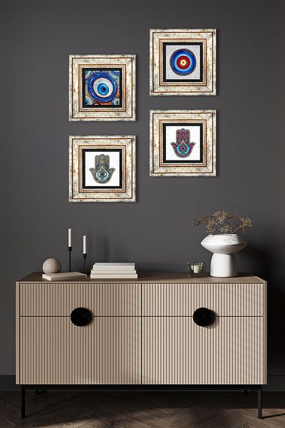 Pinecone Evil Eye, Fatma Mother Hand (Hamsa) Stone Wall Painting Framed Wall Decor 4 Piece Painting Set Tk4-1245