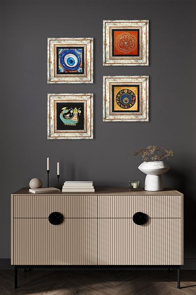 Pinecone Sri Yantra, Evil Eye, Shahmeran Stone Wall Painting Framed Wall Decor 4 Piece Painting Set Tk4-1212