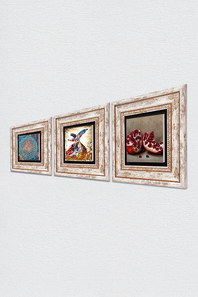 Pinecone Flower of Life, Whirling Dervish, Pomegranate Stone Wall Painting Framed Wall Decor 3 Piece Painting Set Tk3-313