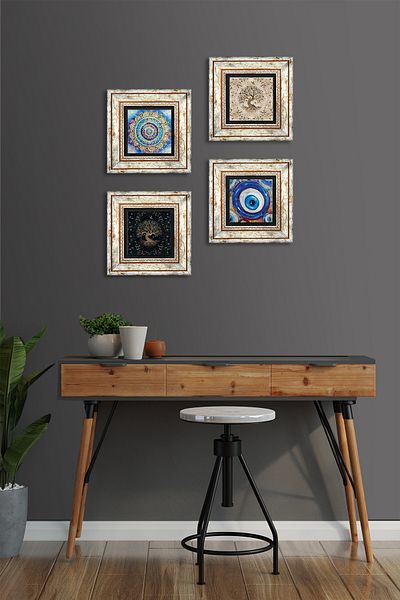 Pinecone Evil Eye, Mandala, Tree of Life Stone Wall Painting Framed Wall Decor 4 Piece Painting Set Tk4-1577