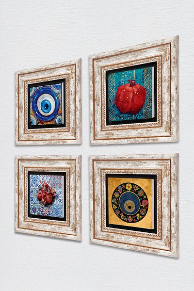 Pinecone Evil Eye, Pomegranate Stone Wall Painting Framed Wall Decor 4 Piece Painting Set Wall Art Tk4-1202