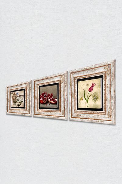 Pinecone Tulip Marbling Art, Butterfly Flower, Pomegranate Stone Wall Painting Framed Wall Decor 3 Piece Set Tk3-1089