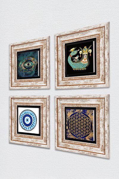 Pinecone Evil Eye, Flower of Life, Shahmeran Stone Wall Painting Πλαίσιο Διακόσμηση τοίχου 4 τεμαχίων Σετ ζωγραφικής TK4-785