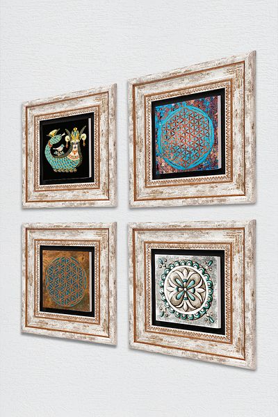 Pinecone Flower of Life, Tile Art, Şahmeran Stone Wall Painting Framed Wall Decor 4-Piece Table Set TK4-448