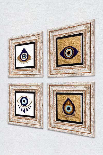 Pinecone Evil Eye Stone Wall Painting Framed Wall Decor 4 Piece Painting Set Wall Art Tk4-1074