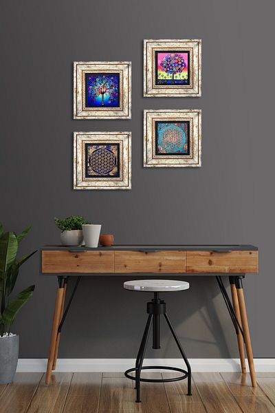 Pinecone Flower of Life, Tree of Life Stone Wall Painting Framed Wall Decor 4 Piece Painting Set Tk4-848