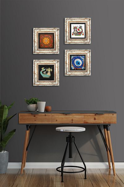 Pinecone Evil Eye, Sri Yantra, Shahmeran Stone Wall Painting Framed Wall Decor 4 Piece Painting Set Tk4-1522