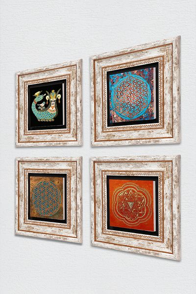 Pinecone Flower of Life, Sri Yantra, Shahmeran Stone Wall Painting Framed Wall Decor Set of 4 Painting Tk4-466