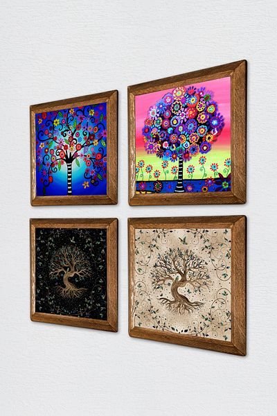 Pinecone Tree of Life Stone Wall Painting Wood Framed Wall Decor 4 Piece Painting Set Wall Art W4-849